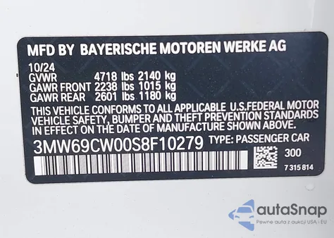 2025 BMW 330I из США, поврежденный, VIN 3MW69CW00S8F10279